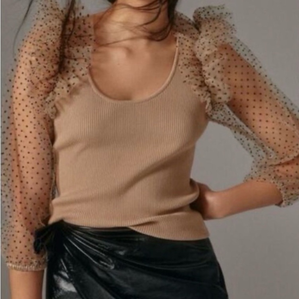 Dolan Beige Top with Sheer Polka Dot Sleeves